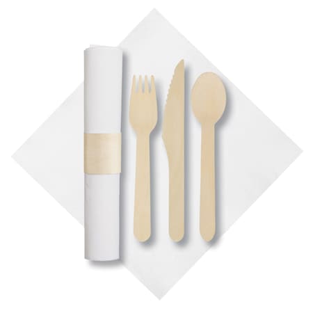 Hoffmaster 7.75in x 7.75in Pre-rolled FashnPoint CaterWrap White Napkins with Earthwise Wood Cutlery, 50PK 120031